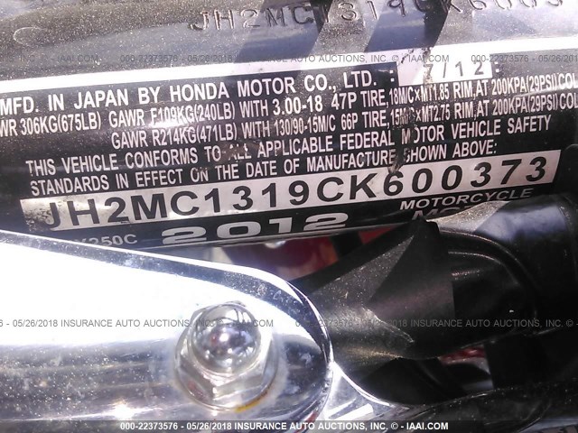 JH2MC1319CK600373 - 2012 HONDA CMX250 C MAROON photo 10