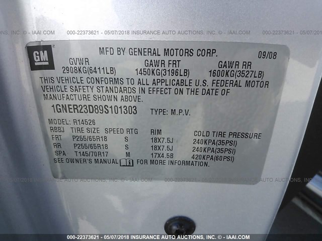 1GNER23D89S101303 - 2009 CHEVROLET TRAVERSE LT SILVER photo 9