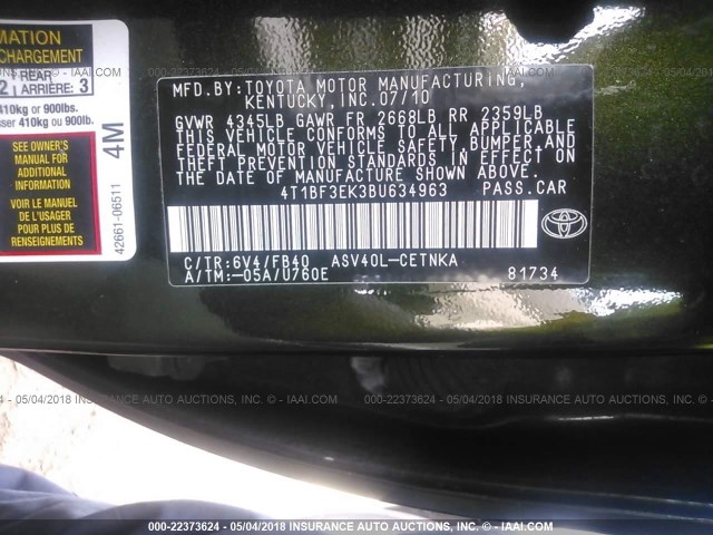 4T1BF3EK3BU634963 - 2011 TOYOTA CAMRY SE/LE/XLE GREEN photo 9