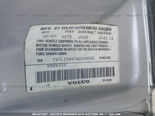 YV1LZ5647W2438905 - 1998 VOLVO V70 XC SILVER photo 9