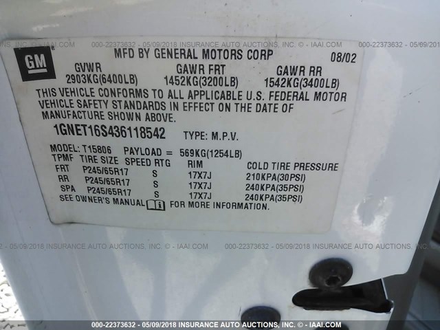 1GNET16S436118542 - 2003 CHEVROLET TRAILBLAZER EXT WHITE photo 9