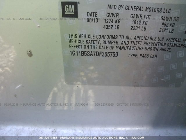 1G11B5SA7DF355759 - 2013 CHEVROLET MALIBU LS 银色 照片 9