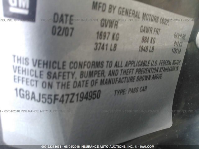 1G8AJ55F47Z194950 - 2007 SATURN ION LEVEL 2 GRAY photo 9
