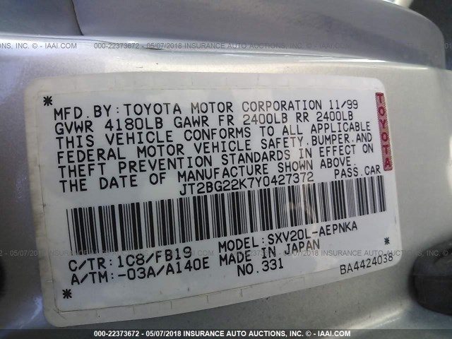 JT2BG22K7Y0427372 - 2000 TOYOTA CAMRY CE/LE/XLE 银色 照片 9