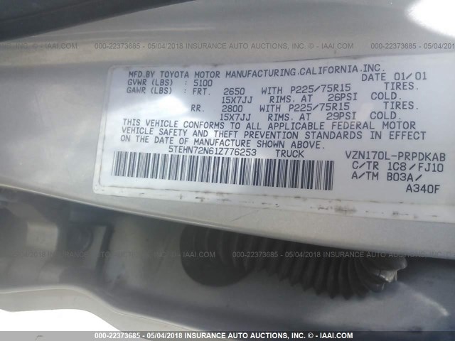 5TEHN72N61Z776253 - 2001 TOYOTA TACOMA DOUBLE CAB ვერცხლისფერი ფოტო 9