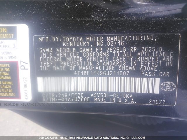 4T1BF1FK9GU211007 - 2016 TOYOTA CAMRY LE/XLE/SE/XSE BLACK photo 9