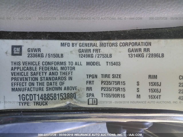 1GCDT148858153880 - 2005 CHEVROLET COLORADO BLACK photo 9