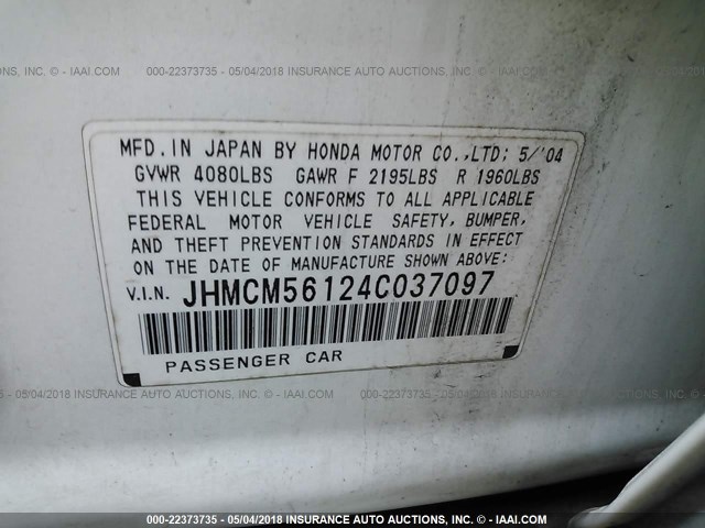 JHMCM56124C037097 - 2004 HONDA ACCORD DX WHITE photo 9