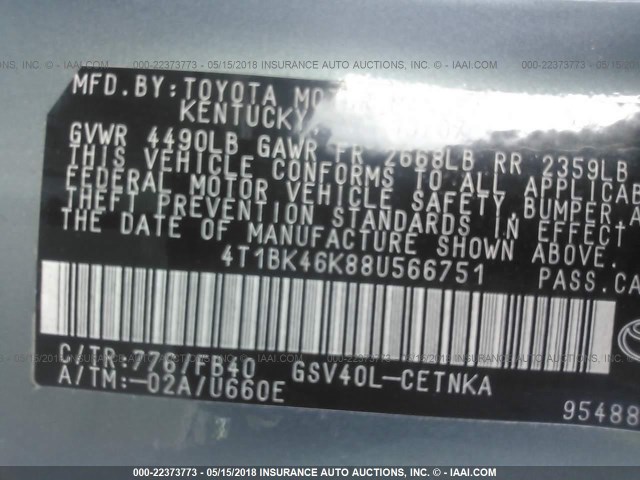 4T1BK46K88U566751 - 2008 TOYOTA CAMRY LE/XLE/SE 浅蓝色 照片 9