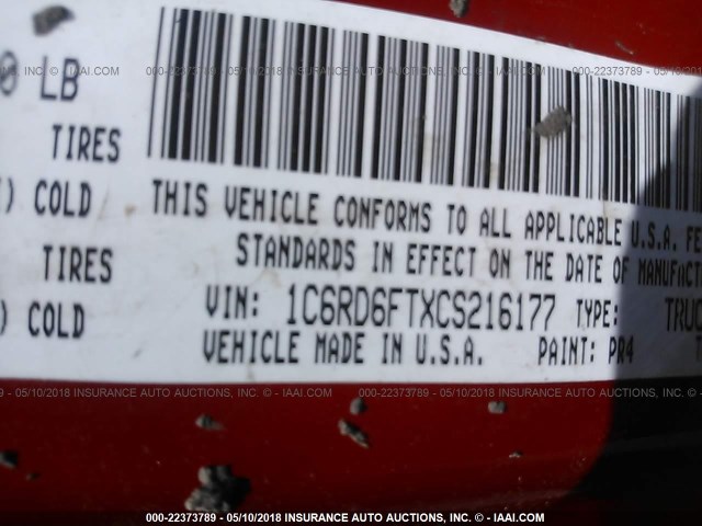 1C6RD6FTXCS216177 - 2012 DODGE RAM 1500 ST RED photo 9