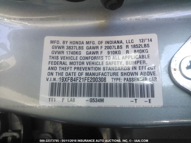 19XFB4F21FE200308 - 2015 HONDA CIVIC HYBRID Light Blue photo 9