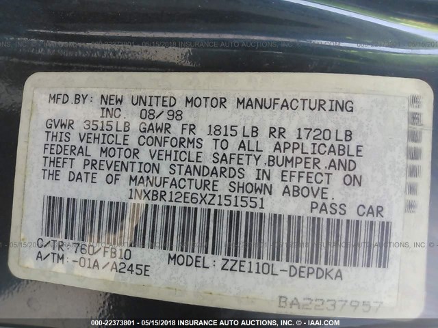 1NXBR12E6XZ151551 - 1999 TOYOTA COROLLA VE/CE/LE 绿色 照片 9