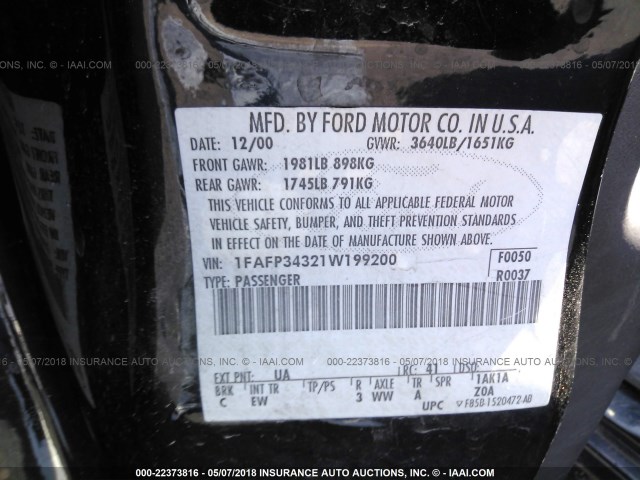 1FAFP34321W199200 - 2001 FORD FOCUS SE/SE SPORT BLACK photo 9