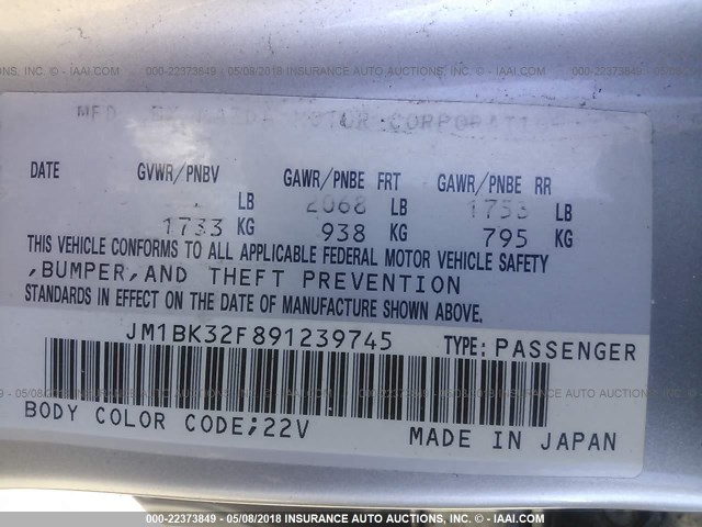 JM1BK32F891239745 - 2009 MAZDA 3 I SILVER photo 9