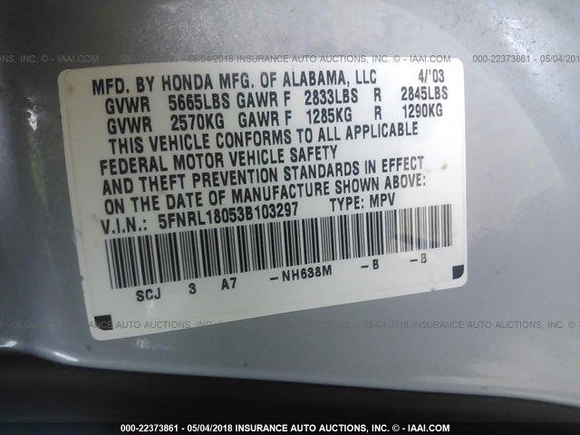 5FNRL18053B103297 - 2003 HONDA ODYSSEY EXL SILVER photo 9