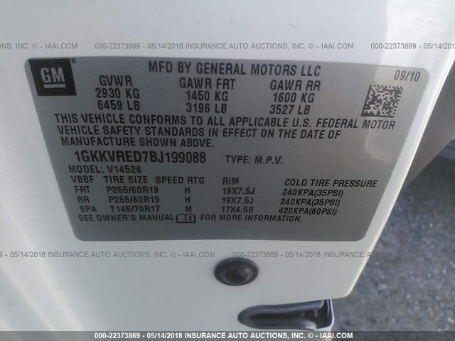 1GKKVRED7BJ199088 - 2011 GMC ACADIA SLT-1 Kremowy zdjęcie 9