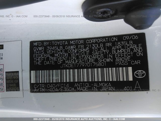 JTKDE177970175801 - 2007 TOYOTA SCION TC 白色 照片 9