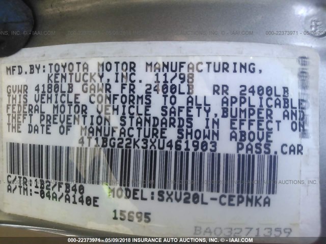 4T1BG22K3XU461903 - 1999 TOYOTA CAMRY CE/LE/XLE 米色 照片 9