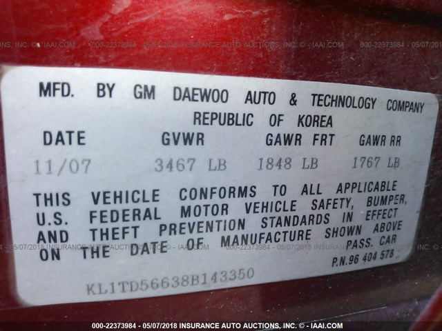 KL1TD56638B143350 - 2008 CHEVROLET AVEO LS RED photo 9