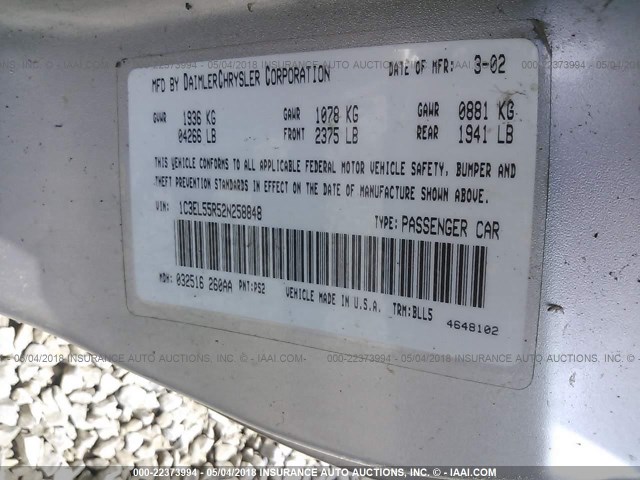 1C3EL55R52N258848 - 2002 CHRYSLER SEBRING LXI SILVER photo 9