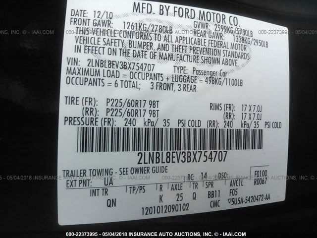 2LNBL8EV3BX754707 - 2011 LINCOLN TOWN CAR EXECUTIVE L BLACK photo 9