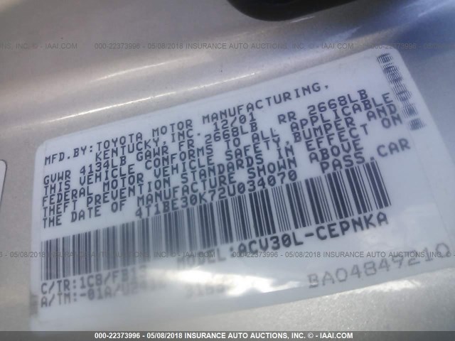 4T1BE30K72U034070 - 2002 TOYOTA CAMRY LE/XLE/SE ოქროსფერი ფოტო 9