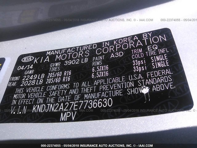 KNDJN2A27E7736630 - 2014 KIA SOUL SILVER photo 9