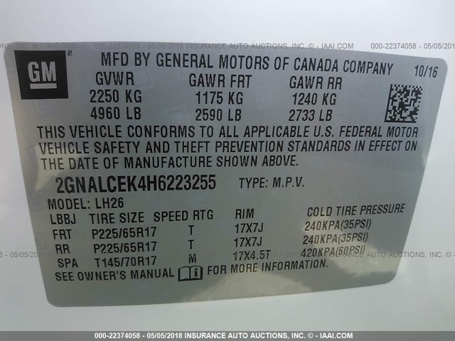 2GNALCEK4H6223255 - 2017 CHEVROLET EQUINOX LT WHITE photo 9