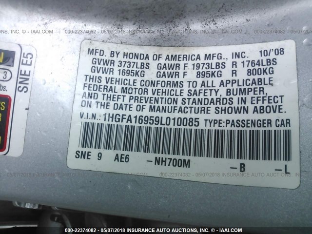 1HGFA16959L010085 - 2009 HONDA CIVIC EXL SILVER photo 9