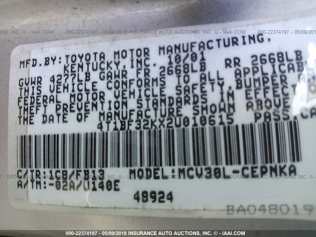 4T1BF32KX2U010615 - 2002 TOYOTA CAMRY LE/XLE/SE 银色 照片 9