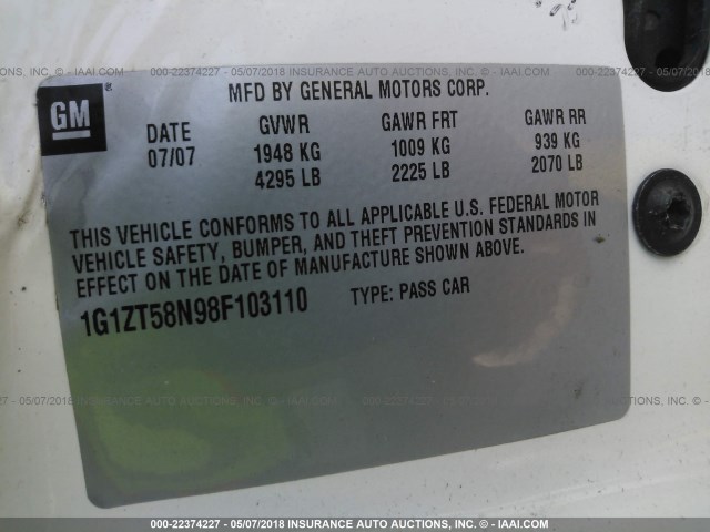 1G1ZT58N98F103110 - 2008 CHEVROLET MALIBU LT/CLASSIC WHITE photo 9