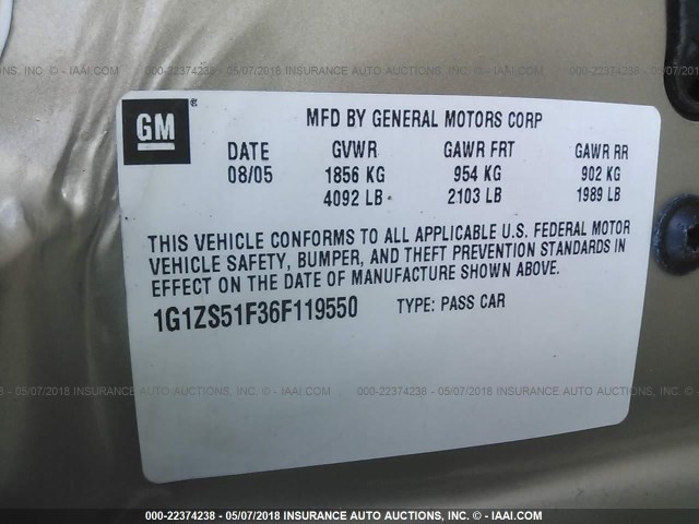 1G1ZS51F36F119550 - 2006 CHEVROLET MALIBU LS TAN photo 9