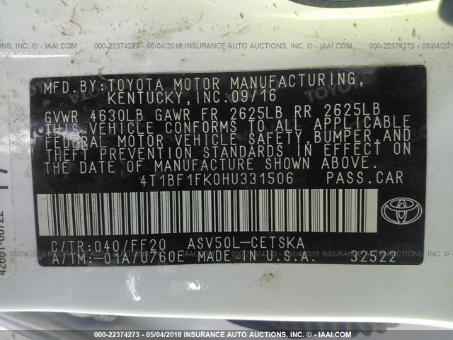 4T1BF1FK0HU331506 - 2017 TOYOTA CAMRY LE/XLE/SE/XSE WHITE photo 9