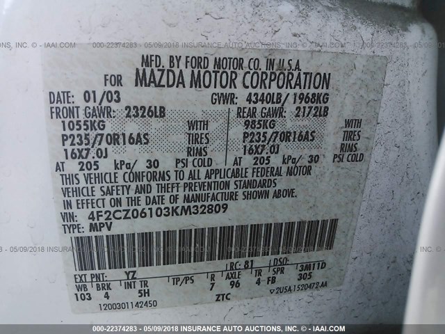 4F2CZ06103KM32809 - 2003 MAZDA TRIBUTE ES WHITE photo 9