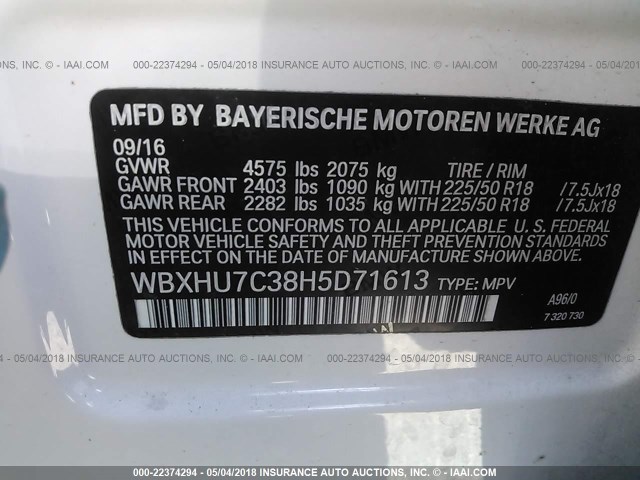 WBXHU7C38H5D71613 - 2017 BMW X1 SDRIVE28I WHITE photo 9