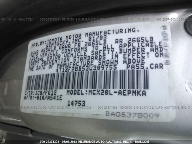 4T1BF28B53U309755 - 2003 TOYOTA AVALON XL/XLS SILVER photo 9