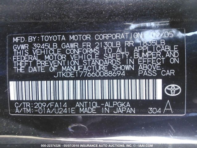 JTKDE177660088694 - 2006 TOYOTA SCION TC 黑色 照片 9