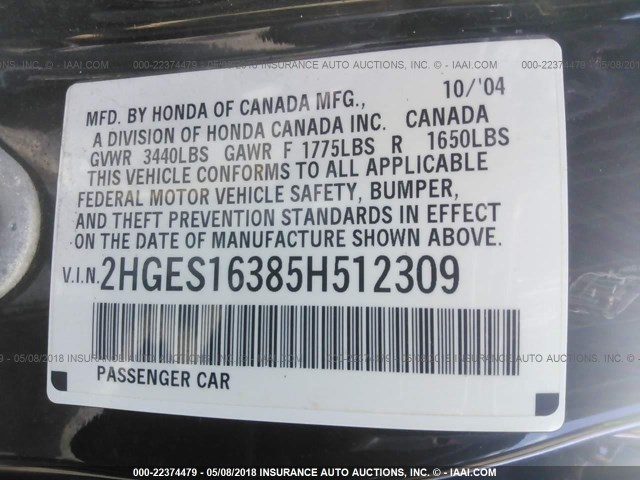 2HGES16385H512309 - 2005 HONDA CIVIC DX VP BLACK photo 9