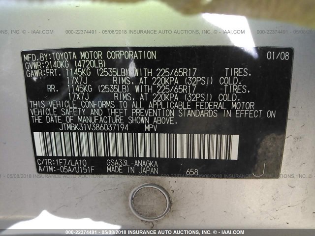 JTMBK31V386037194 - 2008 TOYOTA RAV4 LIMITED SILVER photo 9