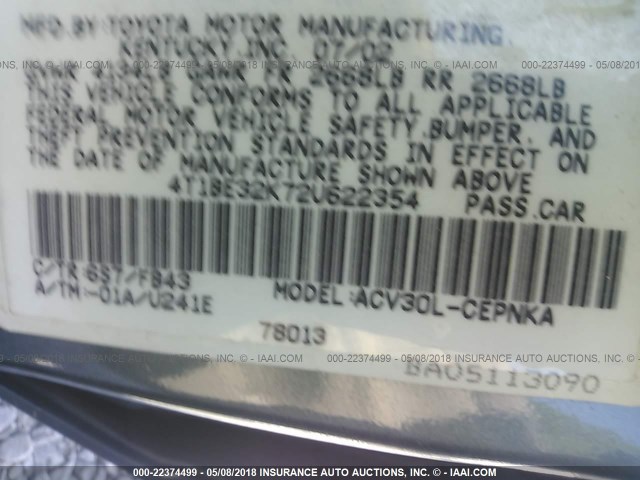 4T1BE32K72U622354 - 2002 TOYOTA CAMRY LE/XLE/SE მწვანე ფოტო 9