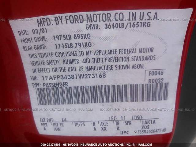 1FAFP34381W273168 - 2001 FORD FOCUS SE/SE SPORT RED photo 9