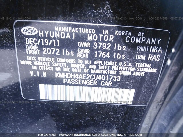 KMHDH4AE2CU401733 - 2012 HYUNDAI ELANTRA GLS/LIMITED BLACK photo 9