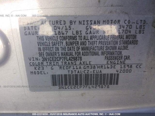 3N1CE2CP7FL429878 - 2015 NISSAN VERSA NOTE S/S PLUS/SV/SL/SR SILVER photo 9