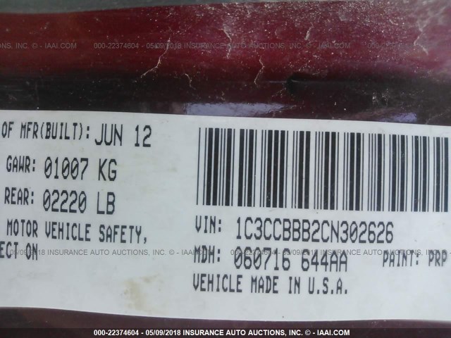 1C3CCBBB2CN302626 - 2012 CHRYSLER 200 TOURING MAROON photo 9