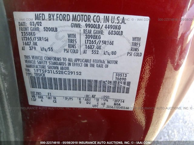 1FTSF31L52EC29152 - 2002 FORD F350 SRW SUPER DUTY RED photo 9