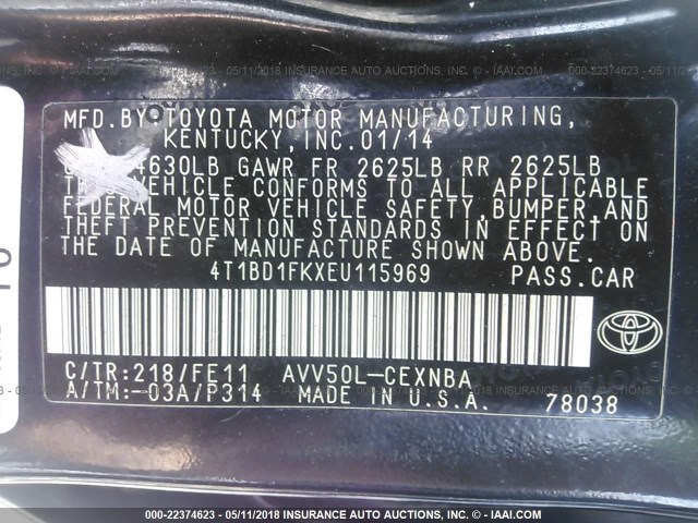 4T1BD1FKXEU115969 - 2014 TOYOTA CAMRY HYBRID/LE/XLE 黑色 照片 9