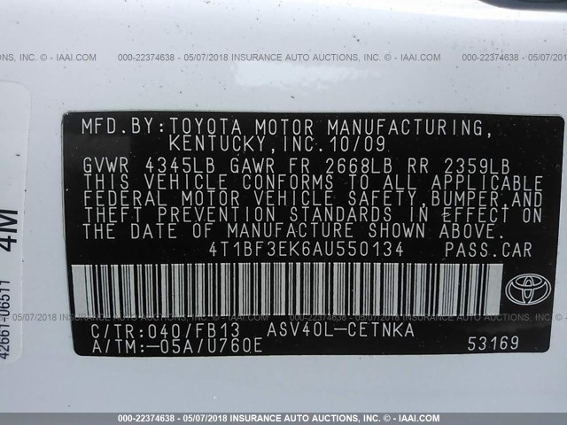 4T1BF3EK6AU550134 - 2010 TOYOTA CAMRY SE/LE/XLE თეთრი ფოტო 9