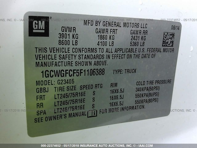 1GCWGFCF5F1106388 - 2015 CHEVROLET EXPRESS G2500  WHITE photo 9