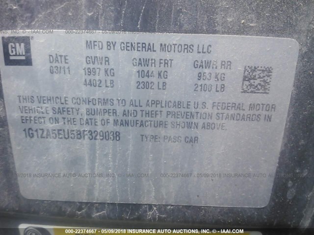 1G1ZA5EU5BF329038 - 2011 CHEVROLET MALIBU LS Boz foto 9