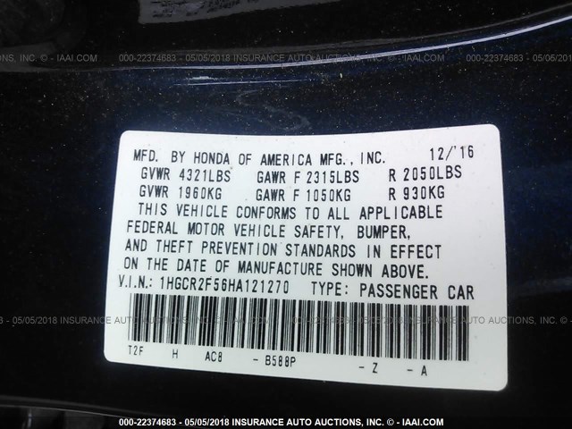 1HGCR2F56HA121270 - 2017 HONDA ACCORD SPORT 蓝色 照片 9